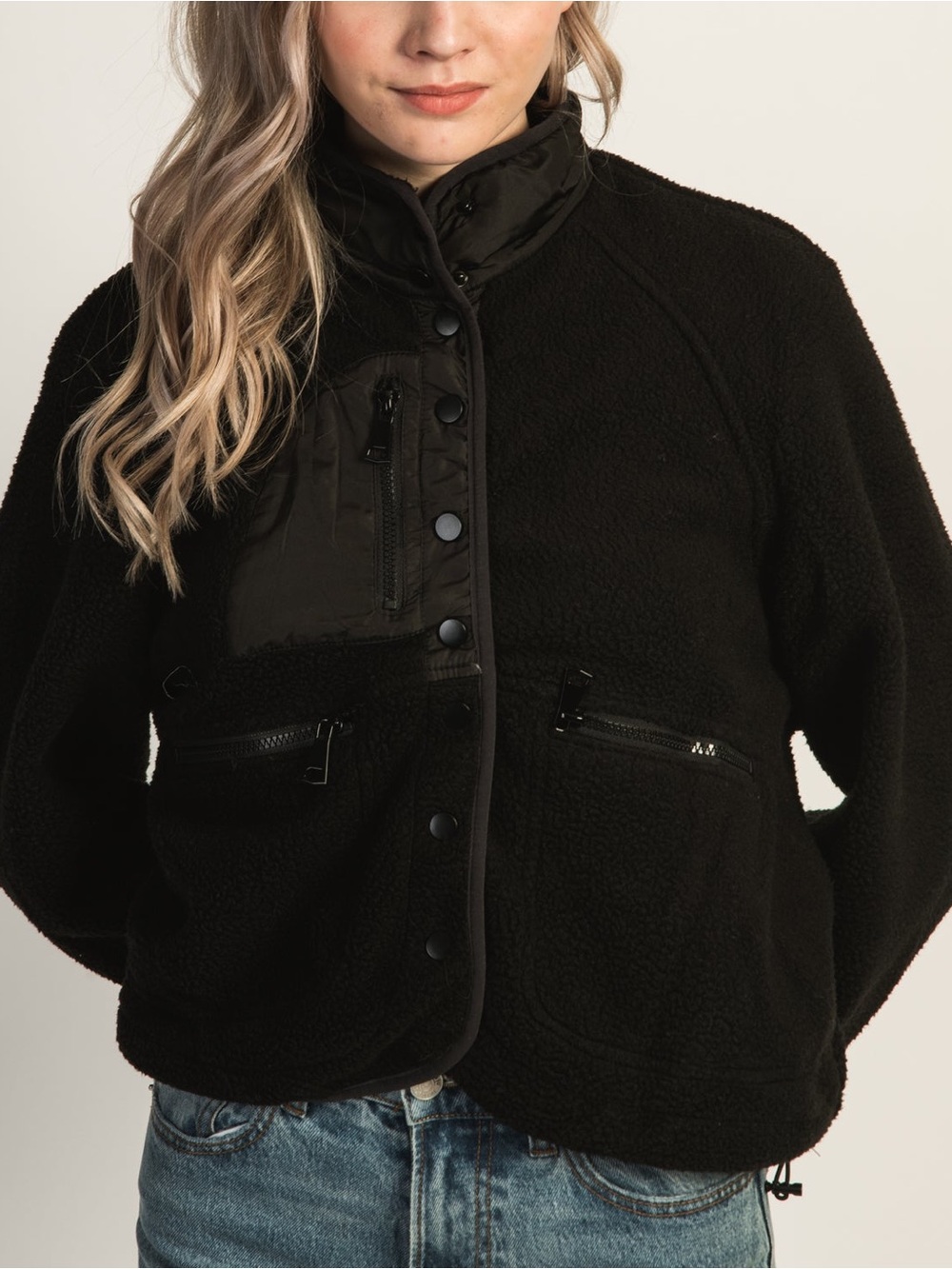 Azalea Wang Kyla Fleece Jacket Black Snap Front Slightly Cropped size Medium